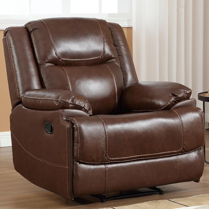 EBELLO Genuine Leather Manual Recliner Chair, Reclining Sofa Chair Couch for Living Room, Bedroom Furniture, Meeting Room, Brown-Ruum Studio Home