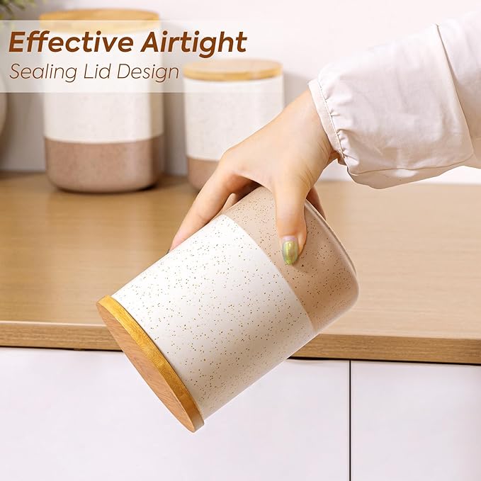Yangbaga Canister Sets for Kitchen Counter, 80/40/20 OZ Large Ceramic Food Storage Jars with Airtight Wood Lids, Large Kitchen Canisters for Coffee, Sugar, Tea, Flour, Spice-Ruum Studio Home