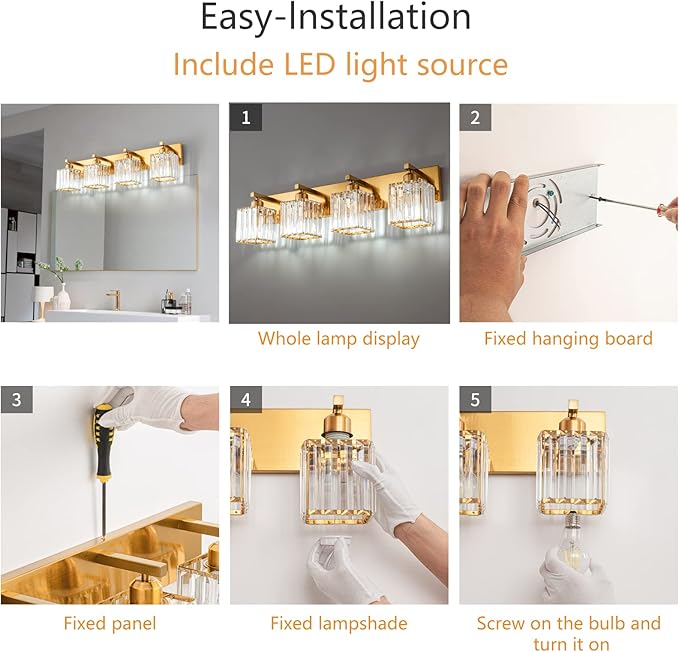Modern Vanity Light 4-Lights Modern Gold Brushed Brass Finish Crystal Wall Light Bathroom Vanity Light Fixtures-Ruum Studio Home