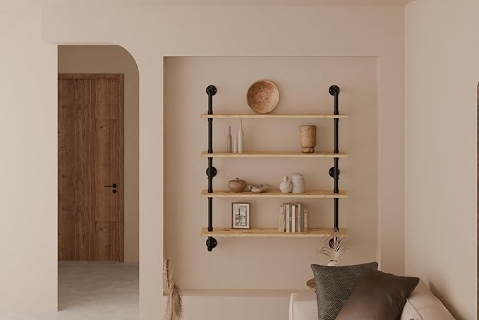 Industrial Pipe Wall Shelves Shelving with Real Wood Plank,48 Inches Floating Shelf for Wall Farmhouse Book Shelves Dark Brown 4 Tier for Kitchen,Living Room Decor and Bar Shelving-Ruum Studio Home