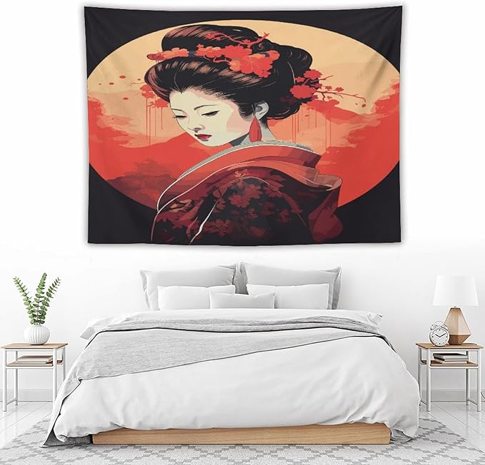 Japanese Woman Geisha Tapestry Asian Cherry Blossom Red Sun Traditional Kimono Folk Tapestries Home Decor for Living Room Bedroom Apartment Farmhouse Dorm 80"x60"-Ruum Studio Home