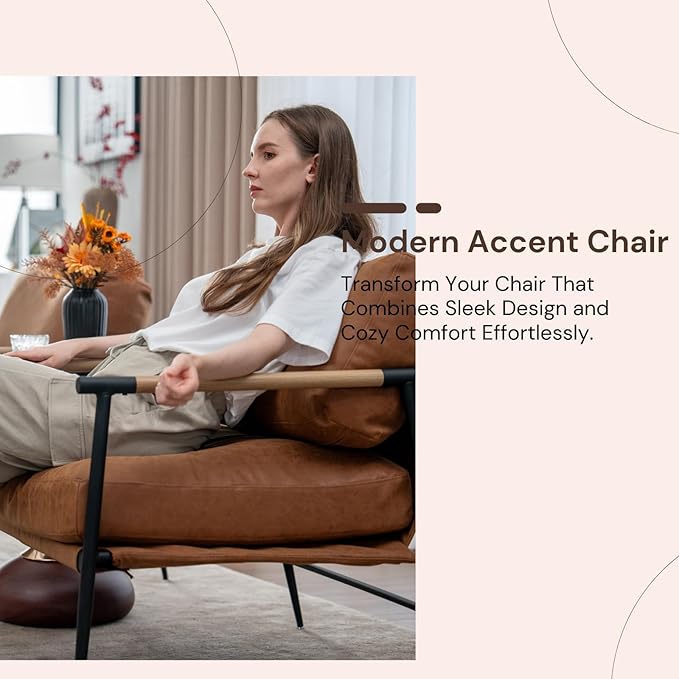 Mid-Century Accent Chair Set of 2, Soft Armchair PU Leather Lounge Chair with Black Metal Legs, Upholstered Leisure Chair for Living Room Bedroom Reception Room, Brown-Ruum Studio Home