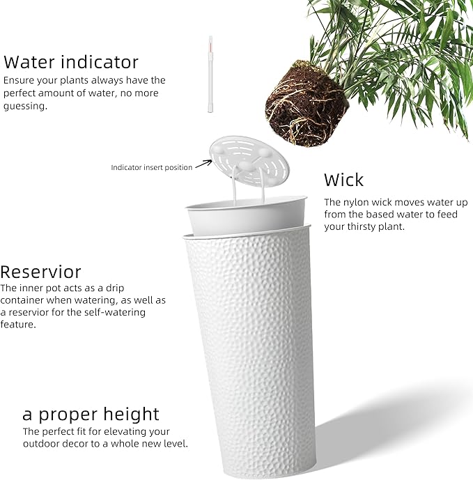 KOL 28" H. Tall Metal Cone Planters with Inner Pots 2-Pack, White Hand-Hammered Large Decor Planter for Deck, Patio, Porch - Handcrafted Flower Pot - with Water Level Indicator - Indoor Outdoor Use-Ruum Studio Home