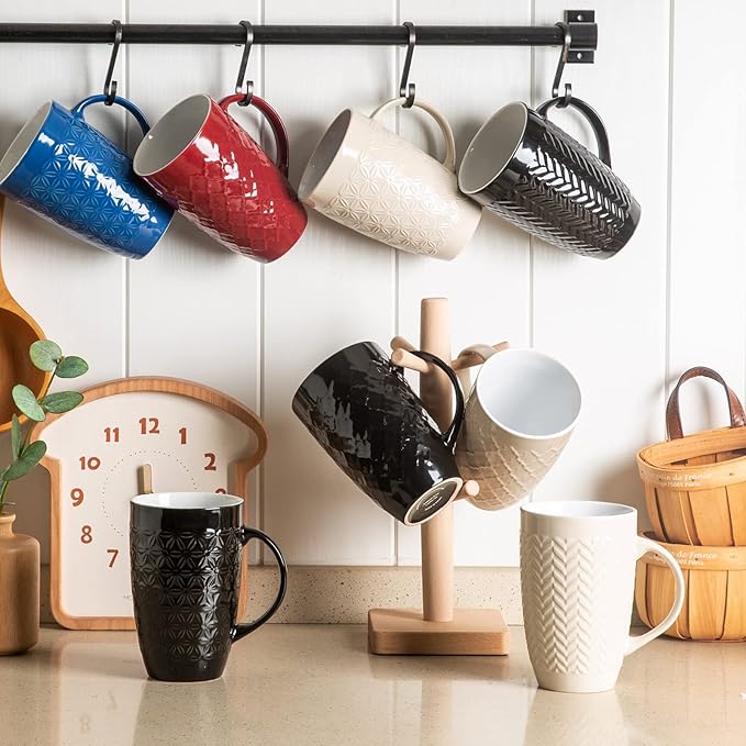 AmorArc Large Coffee Mugs Set of 6, 20oz Ceramic Tall Coffee Mugs Set with Textured Geometric Patterns for Coffee/Tea/Beer/Hot Cocoa, Dishwasher & Microwave Safe, Black&Beige-Ruum Studio Home