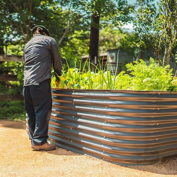 Vego garden 32" Extra Tall Raised Garden Bed Kits,10 in 1 Modular Raised Planter Box for Vegetables Flowers Fruits Oval Metal Raised Garden-Modern Gray-Ruum Studio Home