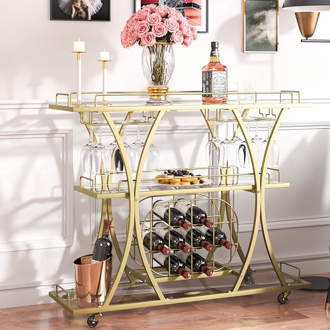 VEVOR Bar Cart Gold, 3 Tiers Home Bar Serving Cart on Lockable Wheels, Rolling Alcohol Cart with Tempered Glass Shelves Guardrail Wine Rack, Modern Wine Cart for Home Kitchen Dining and Living Room-Ruum Studio Home