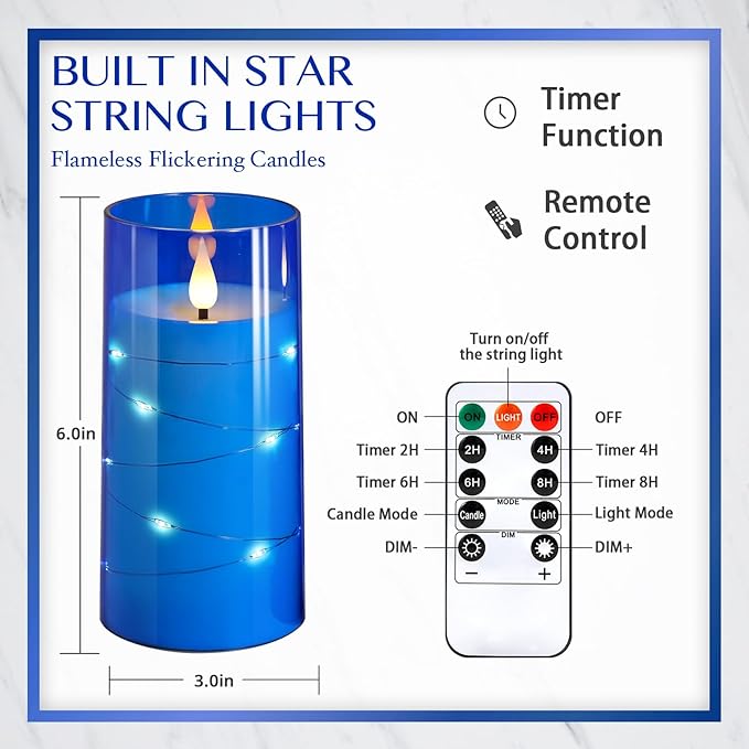 NURADA 3"x6"Flickering Flameless Candles: Built-in Star String 3D Wick Battery Operated LED Candles with Remote and Timer for Wedding Valentine's Day Decor, Blue 2 Pack-Ruum Studio Home