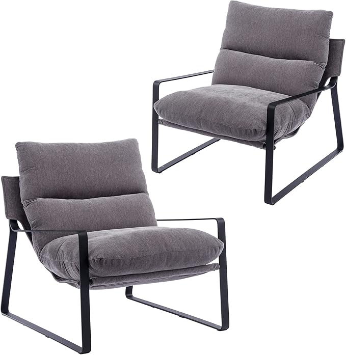 DUOMAY Modern Accent Arm Chair Set of 2, Comfy Linen Lounge Lazy Chair with Metal Leg, Mid-Century Corner Chair for Living Room Bedroom Office Apartment, Grey-Ruum Studio Home