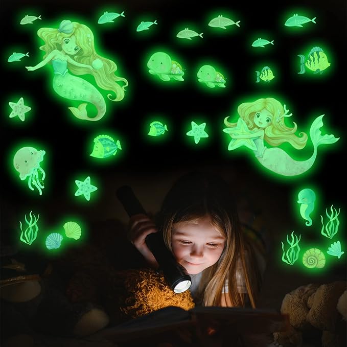 Glow in The Dark Stars Mermaid Wall Decals, Turtle Ocean Fish Stickers for Ceiling, DIY Wall Decor for Nursery Playroom Living Room, Birthday Christmas Gift-Ruum Studio Home