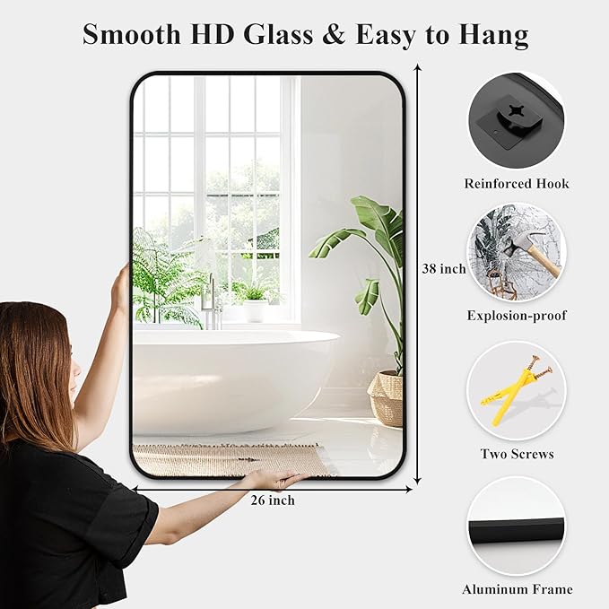 Fabuday Big Black Bathroom Mirror for Over Sink Wall - 26x38 Rounded Rectangle Mirror with Matte Metal Frame, Large Rectangular Vanity Mirrors for Bedroom, Entryway, Horizontally/Vertically-Ruum Studio Home