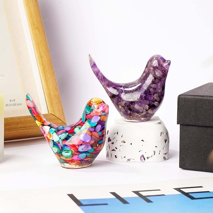 Crystal Bird Figurines, Resin Animal Statues, Miniature Decorative Gravel Birds, Home Decor (2PCS-Purple+Colorful)-Ruum Studio Home