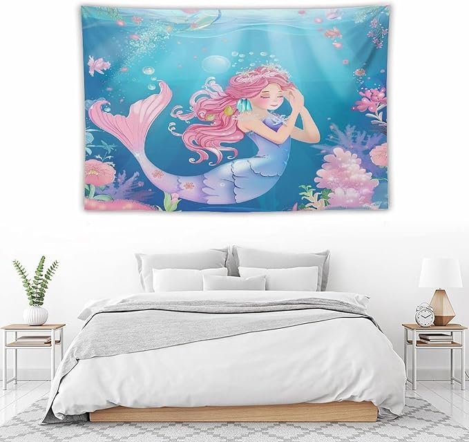 HZOHNAGO Mermaid Girls Tapestry Watercolor Flowers Mermaid Princess Blessing Pattern for Kids Room Decoration Printed Wall Tapestry Wall Hanging for Bedroom Living Room Dorm 60" W x 40" H-Ruum Studio Home