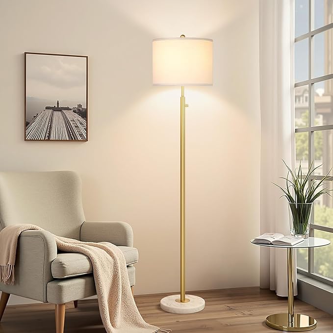 【Upgraded】Dimmable Gold Floor Lamps for Living Room, 11W LED Bulb Included, Modern Standing Lamp with Marble Base, Tall Pole Light with White Linen Shade for Bedroom Reading Office Corner Nursery-Ruum Studio Home