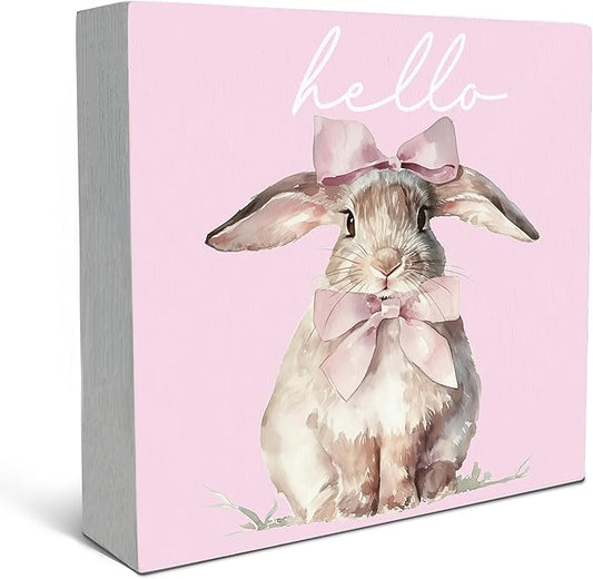 SRADMO Pink Coquette Bow Hello Bunny Wood Box Sign Desk Decor, Bunny Decorations, Easter Theme Wooden Block Box Sign Decoration for Home Office Shelf Table Decor-Ruum Studio Home