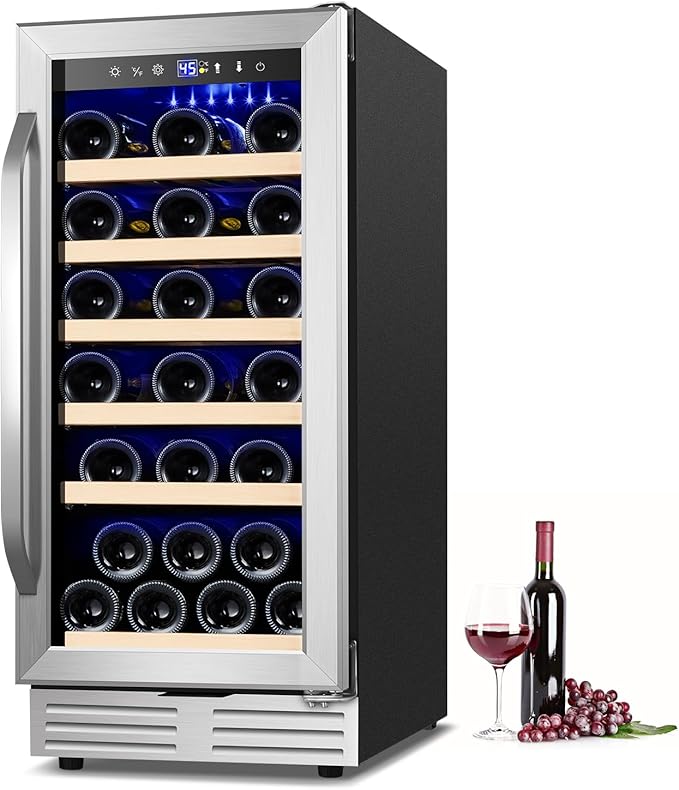 15 Inch Wine Fridge 32 Bottles Wine Cooler Refrigerator Undercounter Wine Fridge with Glass Door, LED Light, Removable Wooden Shelves, Built-in or Freestanding Wine Refrigerator for Home Office Bar-Ruum Studio Home