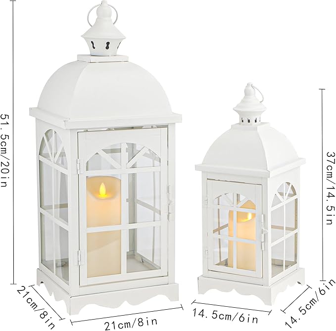 TRIROCKS Set of 2 Decorative Vintage Candle Lanterns 14.5"&20" H Farmhouse Outdoor Hanging Lanterns with Tempered Glass for Porch, Balcony, Patio, Home, Centerpieces, Indoor, Outdoor(White)-Ruum Studio Home
