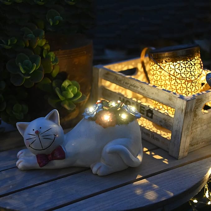 Cat Garden Figurines Outdoor Decor Solar Statue with Succulent and LED Lights for Patio Lawn Yard Art Decoration Housewarming Garden Gift-Ruum Studio Home