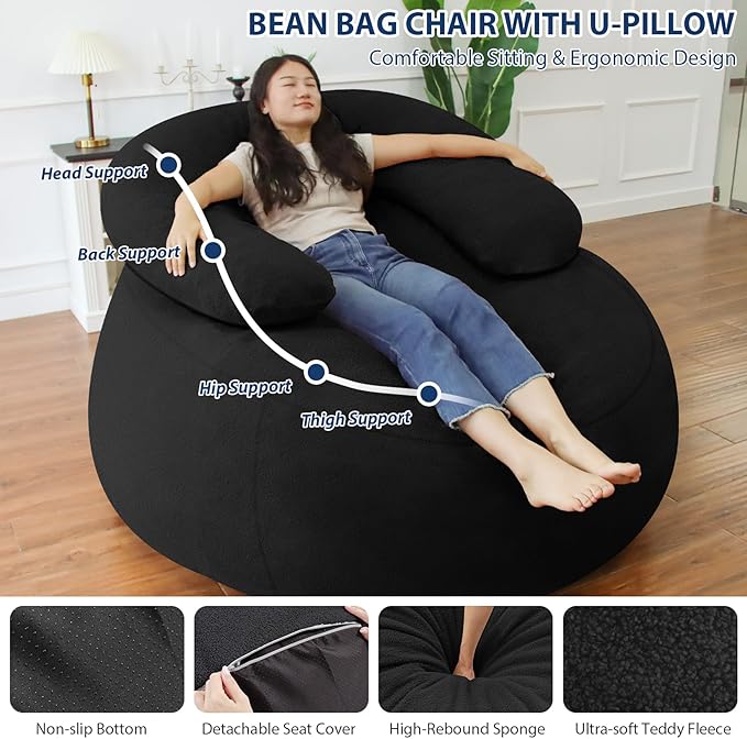 HABUTWAY Bean Bag Chair with U-Shaped Pillow for Adult and Kids Big BeanBag Chair with Filling Ultra Soft Teddy Fleece Couch Chair with Washable Cover for Living Room Bedroom Office, Black & Black-Ruum Studio Home