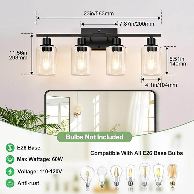 4-Light Bathroom Light Fixtures, Matte Black Modern Vanity Lights with Clear Glass Shades, Bathroom Wall Lamp for Mirror Living Room Cabinet Bedroom Porch-Ruum Studio Home