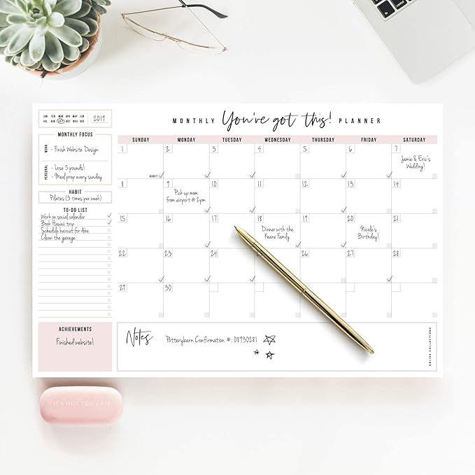 Bliss Collections Monthly Planning Pad, To Do List Notebook - Undated Tear-Off Sheets Notepad - Work Calendar, Organizer, Scheduler for Goals, Tasks - You've Got This (Pink), 12" x 18", 18 Sheets-Ruum Studio Home