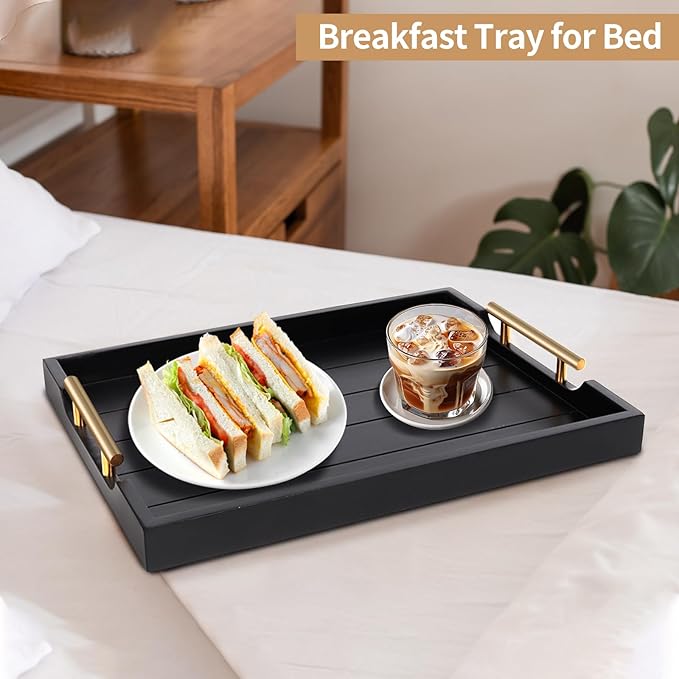 Coffee Table Trays - Large Ottoman Tray for Living Room - Wood Serving Trays with Handles(2 Sets) - Wooden Tray for Coffee Table, 4 Round Coasters Included, Black-Ruum Studio Home