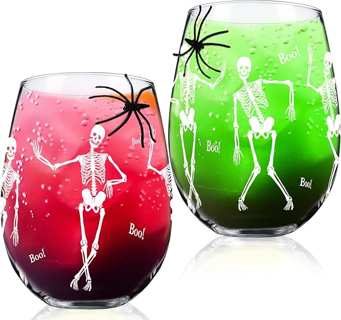 Sliner 2 Pack 17 oz Halloween Skeleton Wine Glasses Gift for Women Skull Shot Glasses Whiskey Drinking Cup for Halloween Party Supplies Birthday Theme Events Spooky Gifts(Skeleton)-Ruum Studio Home