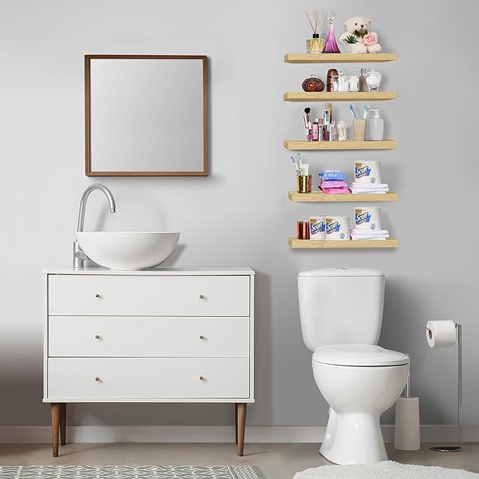 Sorbus Floating Shelves for Wall, Bathroom Shelves Wall Mounted for Kitchen, Bedroom, Living Room, Bathroom Storage, Over Toilet, Hanging Book Shelf for Ｗall Home Decor (Maple Wood, 5 Pack)-Ruum Studio Home