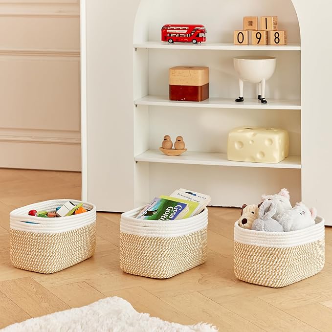 Small Cotton Rope Storage Basket Set of 3-11"x7"x7" Perfect Woven Baskets for Storage, Ideal Storage Baskets for Organizing Toys, Towels, and More - Baskets for Shelves（White & Mixed Camel）-Ruum Studio Home