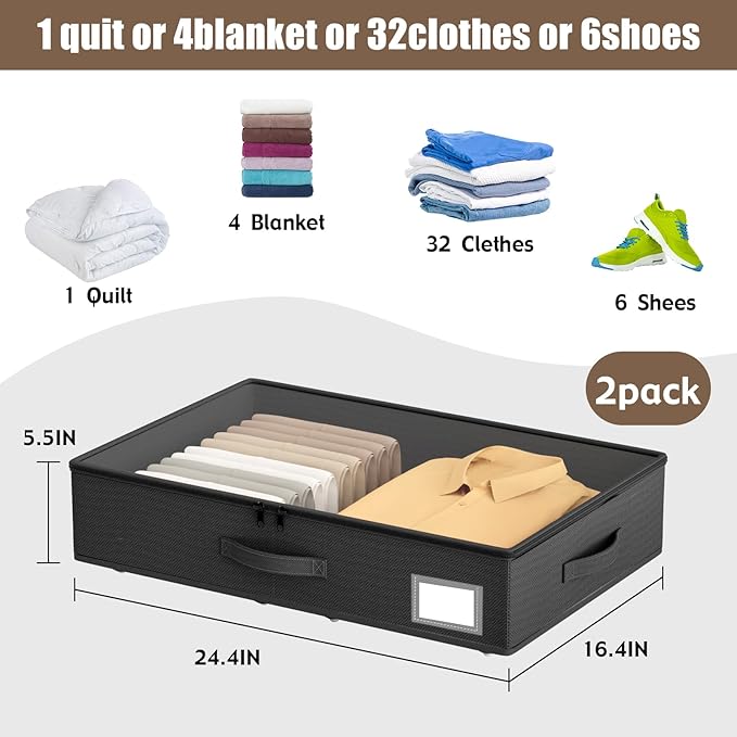 Underbed Storage With Wheels, No Assembly Required - 5.5 Inch Height Black Underbed Bins, Low Profile Rolling Shoe Storage Containers for Dorm-Ruum Studio Home