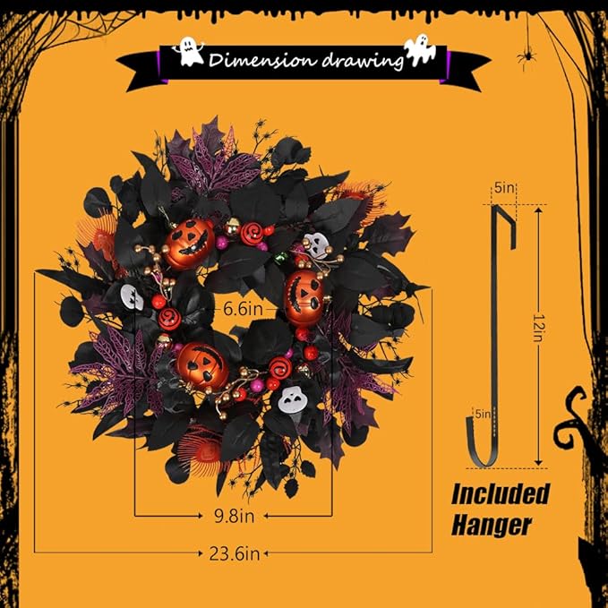 24" Glitter Halloween Wreath Outdoor - Sparkly Balls, Skulls, Bat, Skeleton, Pumpkin on Black Twig | Front Door Outside Goth Decor for Spooky Night-Ruum Studio Home
