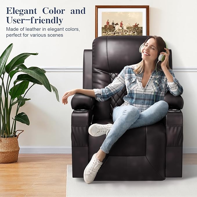 Recliner Chairs for Adults, FSC Certified Massage Rocker with Heated Modern Ergonomic Lounge 360 Degree Swivel Single Sofa Seat Living Room Lounge Recliners Brown-Ruum Studio Home