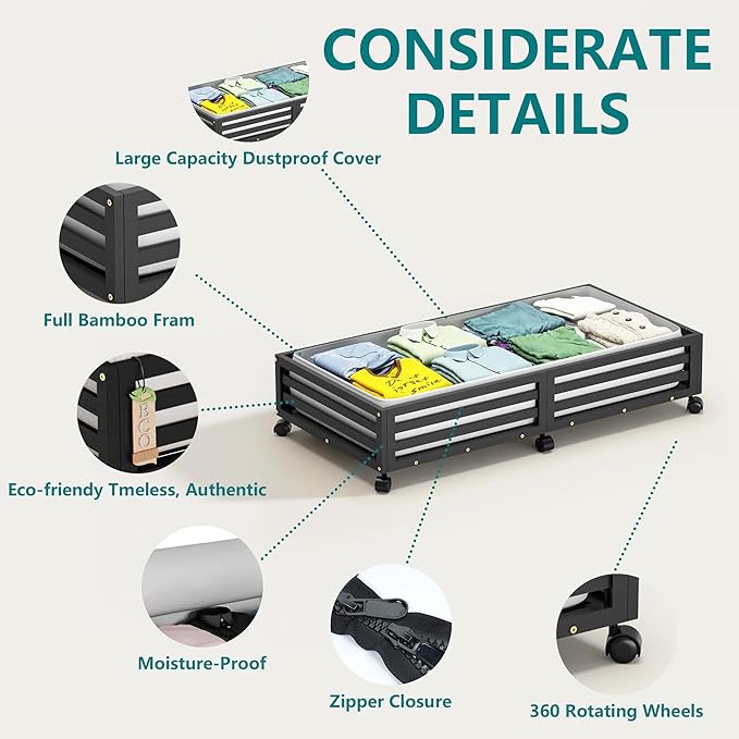 Bamboo Under Bed Storage Containers- Underbed Organizer with Wheels with Large Dust Bag,Sturdy Wood Rolling Under the Bed Shoe Storage Organizer Drawer 2 Packs (Black, Long)-Ruum Studio Home