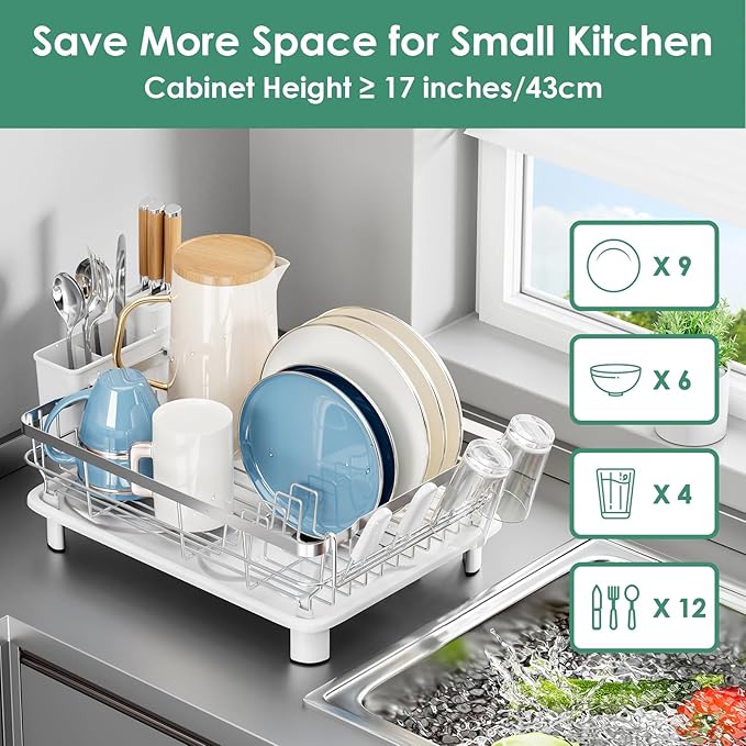 MOUKABAL Dish Drying Rack - Stainless Steel Dish Rack, Dish Racks for Kitchen Counter, Drying Rack Kitchen with Removable Utensil Holder, Drainboard and Glass Organizer (White)-Ruum Studio Home
