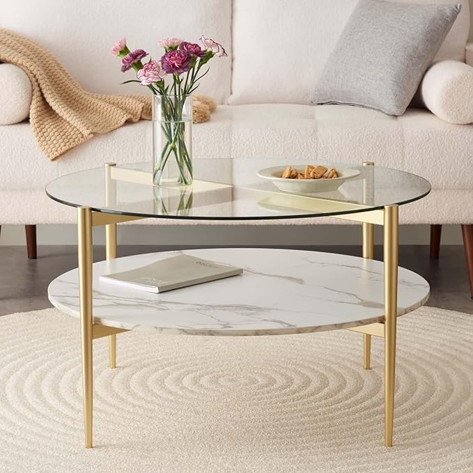 Round Coffee Table for Living Room, Mid-Century Modern Design, D30 x H17, 2-Tier Structure, Clear Glass Top and White Marble Finish Wood Shelf, Sleek Conical Metal Legs with Gold Finish Frame-Ruum Studio Home