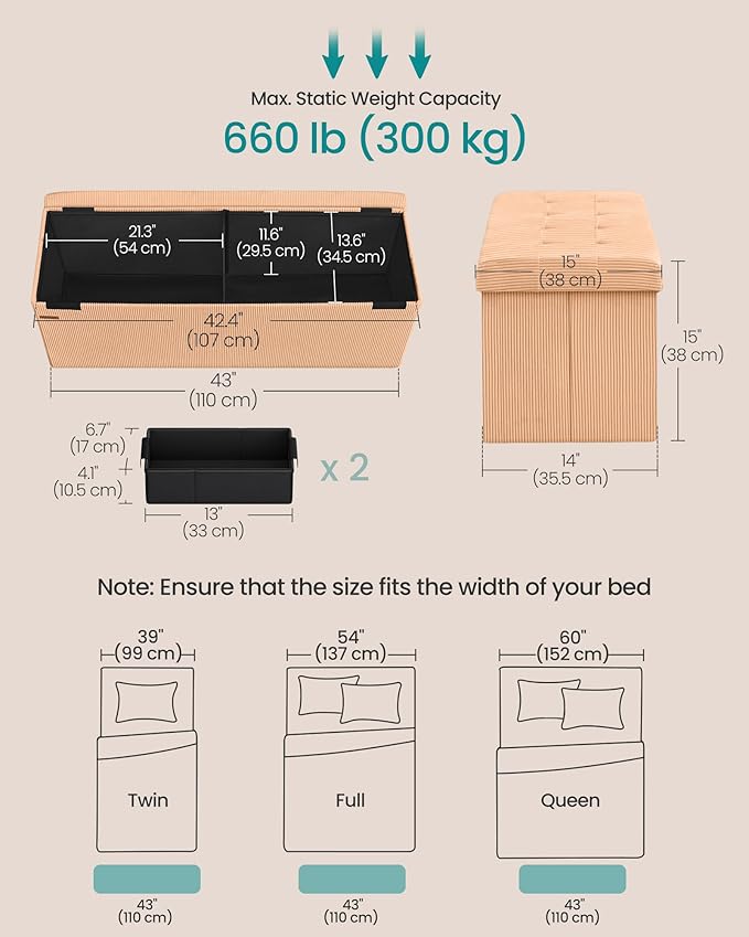 SONGMICS MAZIE Collection - Storage Ottoman Bench, Foldable Foot Rest, 15 x 43 x 15 Inches, End of Bed Bench, Storage Chest, Load 660 lb, Living Room, Bedroom, Entryway, Apricot ULSF604O01-Ruum Studio Home