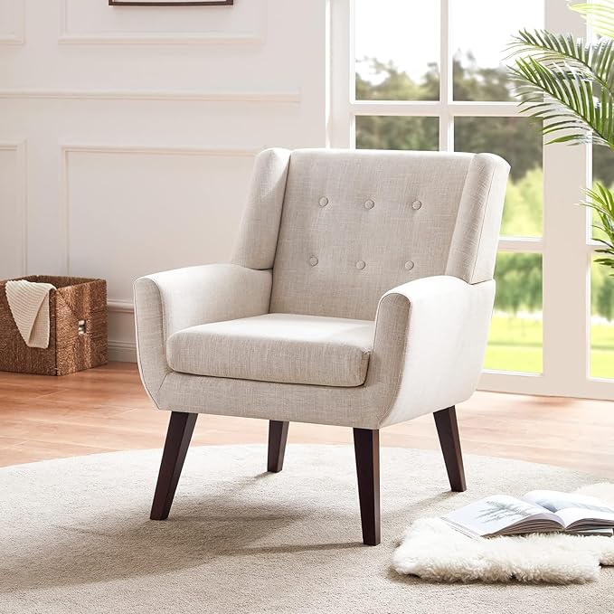 HUIMO Accent Chair Living Room Chair, Upholstered Button Tufted Armchair, Linen Fabric Sofa Chairs for Bedroom, Living Room, Mid-Century Modern Comfy Reading Chair (Beige)-Ruum Studio Home