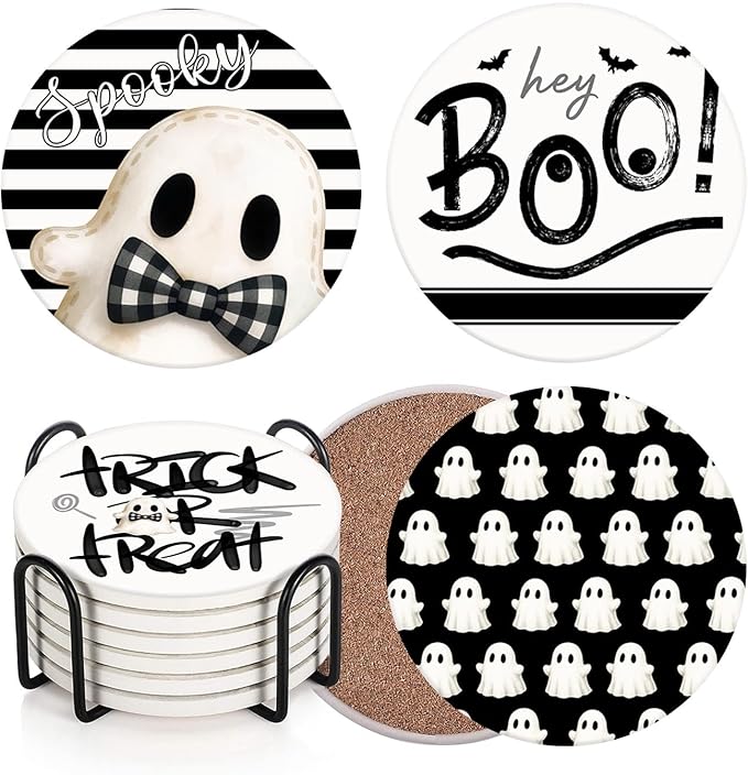 Coaster for Drinks Set of 6, Halloween Hey Boo Cute Ghost Spooky Black White Absorbent Round Ceramic Stone Mat, with Cork Base and Metal Holder, Gift for Housewarming Room Bar Decor-Ruum Studio Home