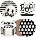 Coaster for Drinks Set of 6, Halloween Hey Boo Cute Ghost Spooky Black White Absorbent Round Ceramic Stone Mat, with Cork Base and Metal Holder, Gift for Housewarming Room Bar Decor-Ruum Studio Home