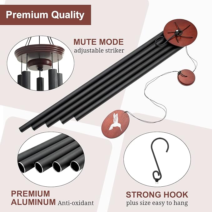 60" Wind Chimes Outdoor, WindChimes Large Wind Chimes for Outside Deep Tone with 5 Tuned Tubes and S Hook, Wind Chime Outdoor Decoration for Patio, Garden, Yard (Hummingbird)-Ruum Studio Home