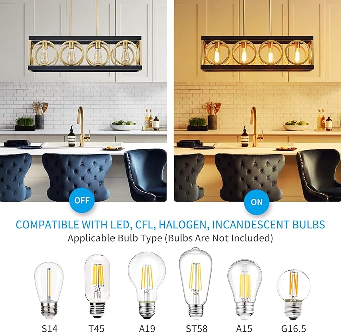 XINGQI Modern Rectangle Chandelier, Farmhouse Kitchen Island Lighting Rustic Industrial Hanging Light Fixture 4-Light Metal Linear Pendant for Dining Room Living Room Hallway, Black and Gold-Ruum Studio Home