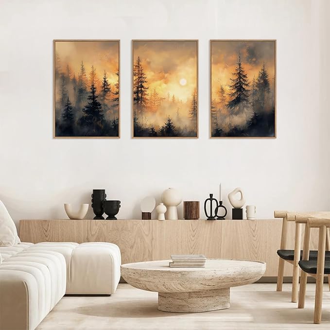HLNIUC Golden Sunshine Forest Framed Canvas Wall Art,Foggy Forest Pine Tree Wall Decor,Large Sunset Landscape Art Print,Natural Misty Mountain Forest Wall Painting for Living Room,Bedroom - 16”x24”x3-Ruum Studio Home