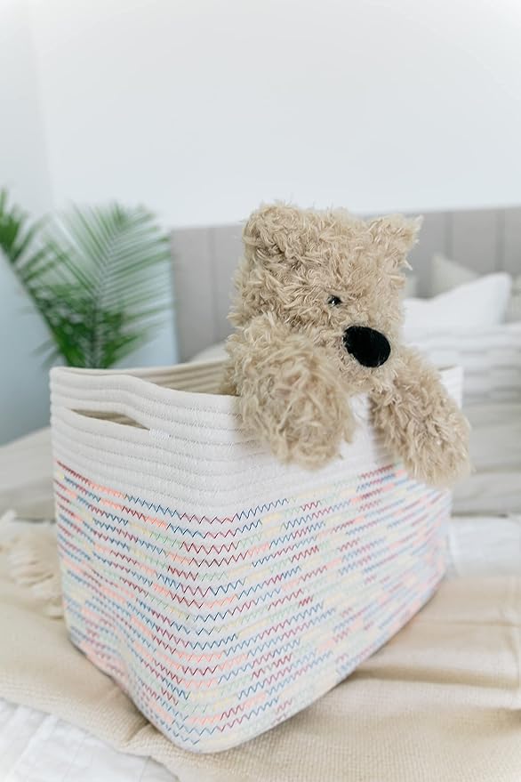 OrganiHaus Set of 3 Woven Storage Baskets for Organizing, Cotton Rope Organizer Bins for Shelves, Closet & Nursery, Dog Toy Basket, Decorative Bins for Toys, Towels & Books - 15x10x9, Rainbow Stitches-Ruum Studio Home