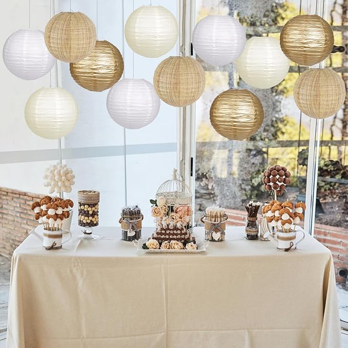 Paper Lanterns Gold White Round Hanging Chinese Lanterns for Wedding Birthday Party Boho Baby Shower Decorations Pack of 12-Ruum Studio Home