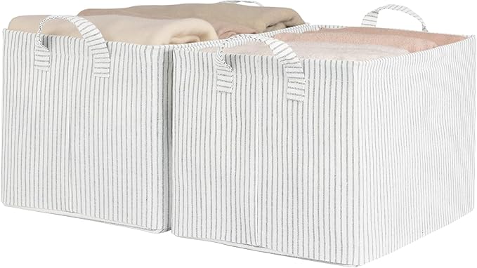 StorageWorks Storage Bins, Fabric Storage Bins for Shelves, Large Storage Baskets with Metal Frame, Closet Baskets and Bins with Handles, Gray and White Stripes, 2-Pack-Ruum Studio Home