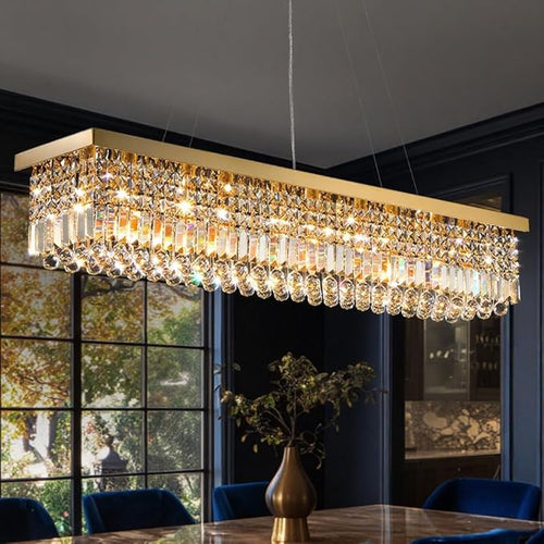 10 Lights Modern Crystal Chandelier, Gold K9 Rectangle Rectangular Chandeliers,Luxury Flush Mount Pendant Ceiling Light for Dining Room Kitchen Island L47''xW10''xH10''-Ruum Studio Home