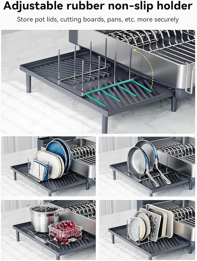 SUNLY Large Dish Drying Rack, Expandable Dish Racks for Kitchen Counter, Space Saving 304 Stainless Steel Drying Rack Kitchen, Extra Large Drainer with Multifunctional Flip Up Pegs, Gray-Ruum Studio Home