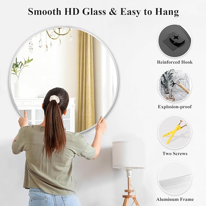 Fabuday Silver Round Mirror 28 Inch - Big Circle Mirror for Bathroom, Living Room, Hallway, Entryway, Matte Aluminum Frame Circular Mirrors for Wall Decor-Ruum Studio Home