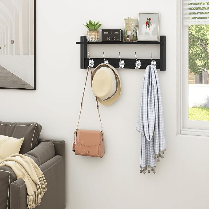 Homode Wall Coat Rack With Shelf, Wood Entryway Hanger With Hooks, Small Floating Pegs for Hanging Coats, Hats, Purses, Backpacks, Black-Ruum Studio Home