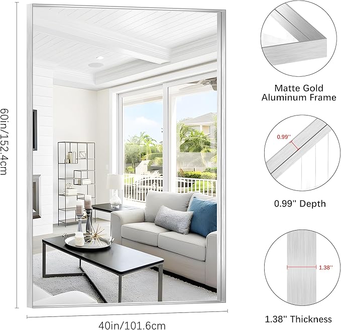 Silver Bathroom Mirror, 60x40 Inch Rectangular Framed Mirror, Large Wall Mounted Bathroom Vanity Mirror Over Sink for Bedroom,Restroom, Living Room, Hangs Vertically or Horizontally-Ruum Studio Home