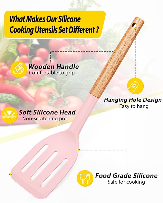 Pack of 4 Silicone Cooking Utensils Set, Non Stick Solid Spatulas and Heat Resistant Slotted Spoons with Wooden Handle, Ideal Wood Kitchen Utensils Set for Frying,Serving,Turning,Stirring (PINK)-Ruum Studio Home